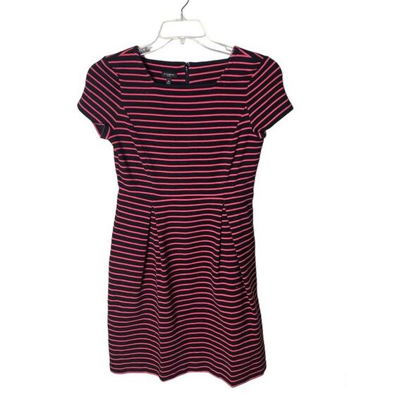Womens Short Sleeve Square Neck Knit Sheath Dress Black Pink Striped Nautical 4P - Picture 2 of 7